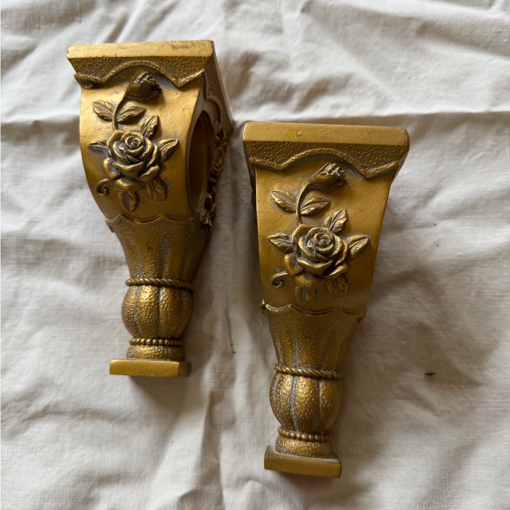 VTG Gold Corbel Curtain Drapery Wall Sconce/Rose Floral Swag Holder